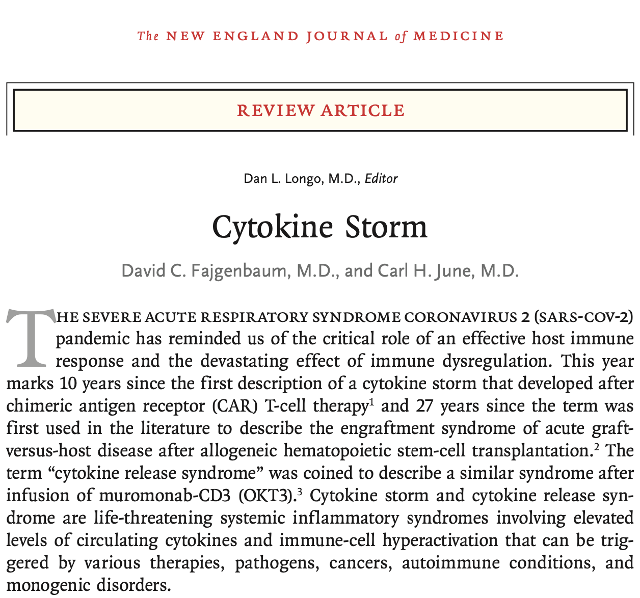New England Journal of Medicine published our paper on Cytokine Storm